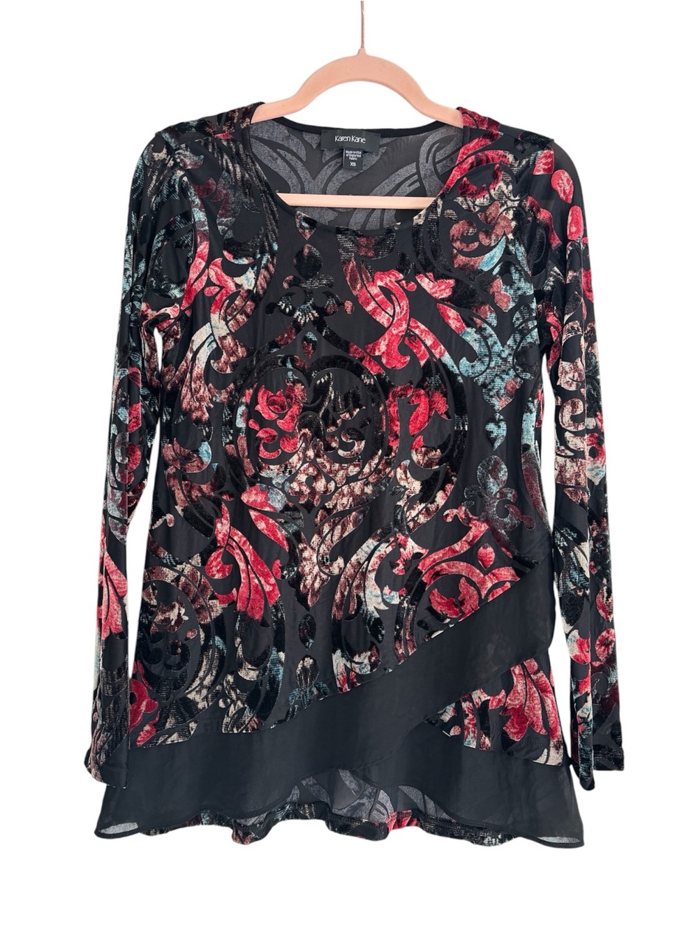 Karen Kane Black Multi Floral Velvet Burnout Long Sleeve Top